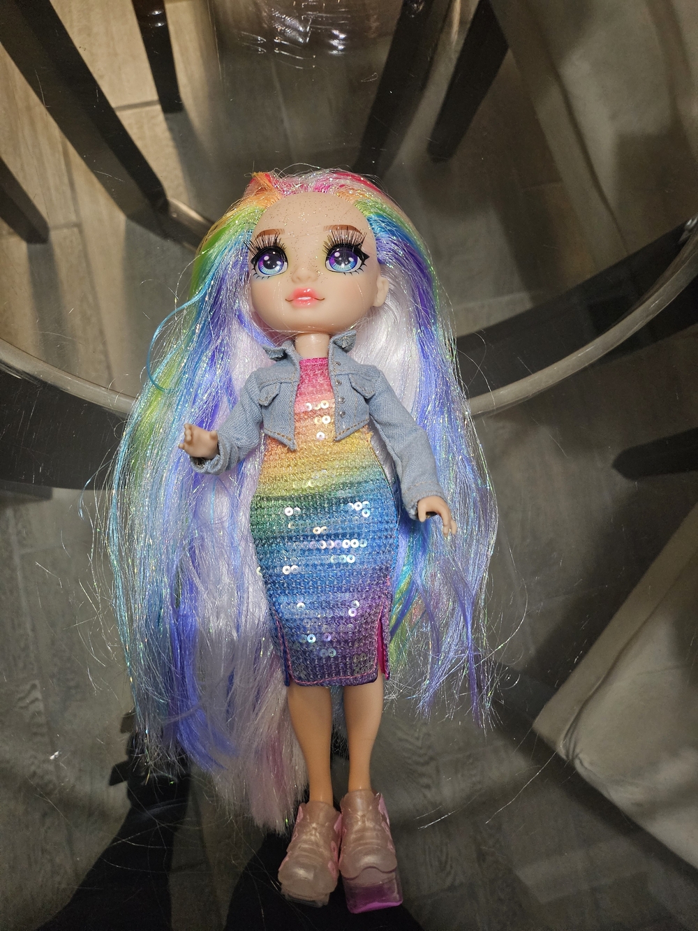 Rainbow Sequin Doll Outfit with Pastel Rainbow Hair - Unbranded